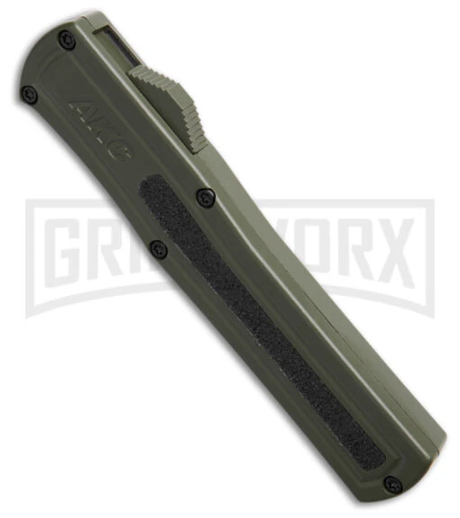 AKC F-20 OD Green D/A OTF Automatic Knife - Two-Tone Plain -AKC Knife Shop AKC F20 DA OTF Automatic Knife OD Green Aluminum 3.6in Two Tone BHQ 184778 hd spine large