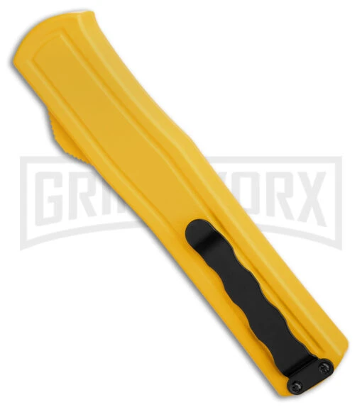 AKC F-20 D/A Drop Point Yellow OTF Automatic Knife - Satin Plain -AKC Knife Shop AKC F30 DA Drop Point OTF AK Yellow 3in Satin BHQ 178601 td side large