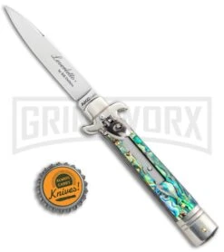 AKC 7.75" Leverletto Abalone Automatic Knife - Flat -AKC Knife Shop AKC Leverletto 7.75 Auto Italian Stiletto Abalone Satin Flat BHQ 104097 jr bottlecap large