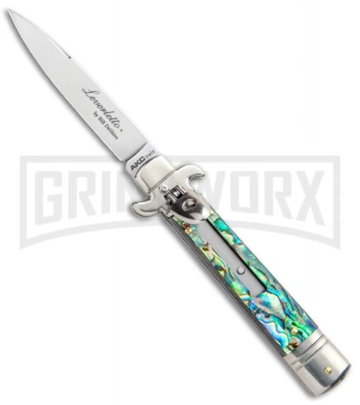 AKC 7.75" Leverletto Abalone Automatic Knife - Flat -AKC Knife Shop AKC Leverletto 7.75 Auto Italian Stiletto Abalone Satin Flat BHQ 104097 jr large