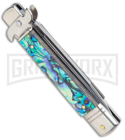 AKC 7.75" Leverletto Abalone Automatic Knife - Flat -AKC Knife Shop AKC Leverletto 7.75 Auto Italian Stiletto Abalone Satin Flat BHQ 104097 jr side large