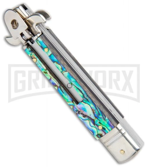 AKC 7.75" Leverletto Abalone Automatic Knife - Flat -AKC Knife Shop AKC Leverletto 7.75 Auto Italian Stiletto Abalone Satin Flat BHQ 104097 jr spine large