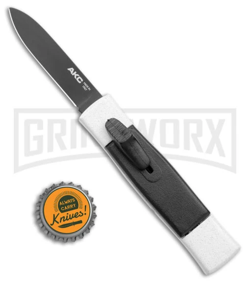 AKC Minion Concord White/Black OTF Automatic Knife - Flat Grind Black Plain -AKC Knife Shop AKC Minion Concord White Black OTF Auto Flat Grind Black Plain GX 14514 jr bottlecap large