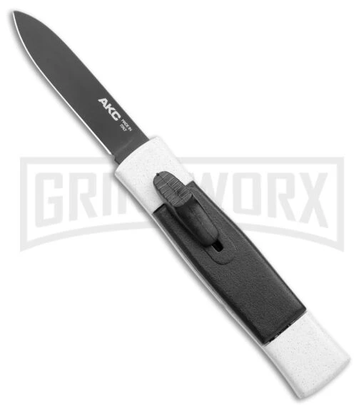 AKC Minion Concord White/Black OTF Automatic Knife - Flat Grind Black Plain -AKC Knife Shop AKC Minion Concord White Black OTF Auto Flat Grind Black Plain GX 14514 jr large