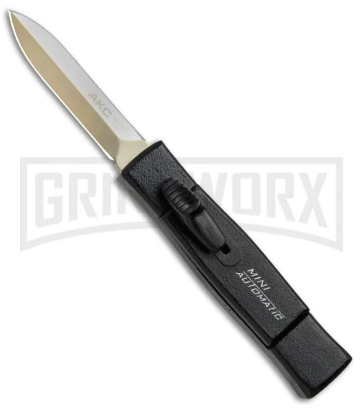 AKC Minion Concord Black OTF Automatic Knife - Dagger Gold Plain -AKC Knife Shop AKC Minion OTF Concord Black Gold Dagger BHQ 52368 jr 2 large