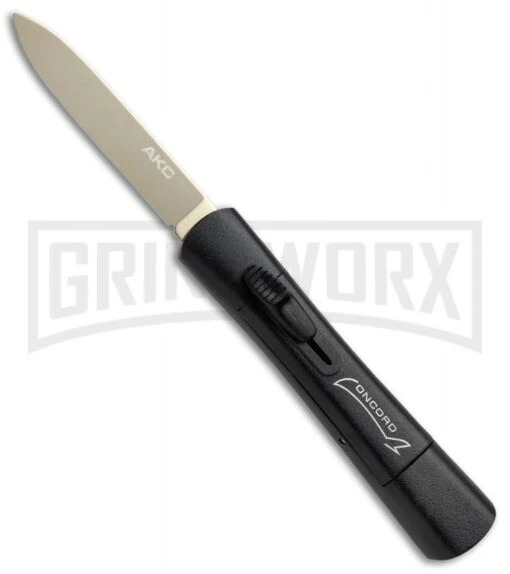 AKC Concord Black OTF Automatic Knife - Flat Gold Plain -AKC Knife Shop AKC OTF Black Concord Gold Flat BHQ 52360 jr large