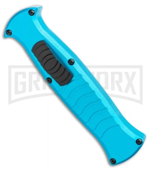 AKC X-treme EVO Blue OTF Automatic Knife - Black Plain -AKC Knife Shop AKC X treme EVO OTF Automatic Knife Blue 3.5in Black EVO LBB BHQ 114336 LS Spine large