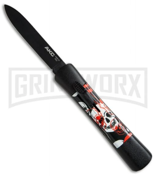 AKC Concord Red/White Skull OTF Automatic Knife - Flat Grind Black Flat -AKC Knife Shop AKC concord red white skull black BP 19138 er large