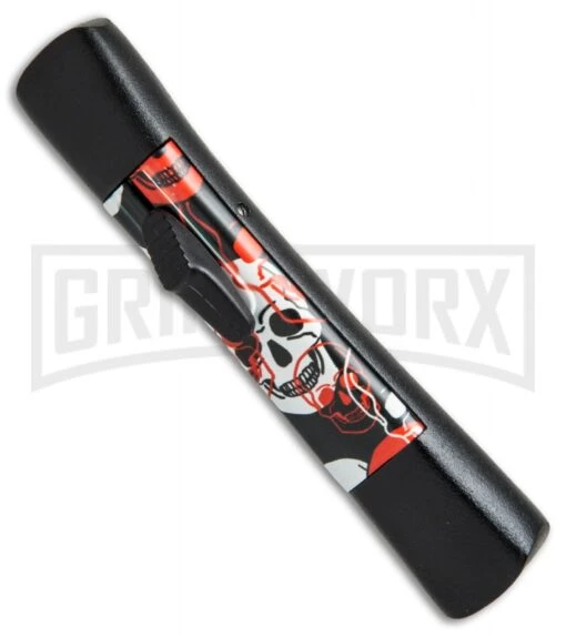 AKC Concord Red/White Skull OTF Automatic Knife - Flat Grind Black Flat -AKC Knife Shop AKC concord red white skull black BP 19138 er spine large