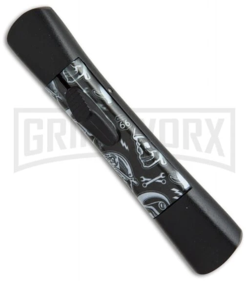 AKC Concord Route 66 Skull OTF Automatic Knife - Flat Grind Black Plain -AKC Knife Shop AKC concord route 66 skull flat grind black plain BP 19004 er side large