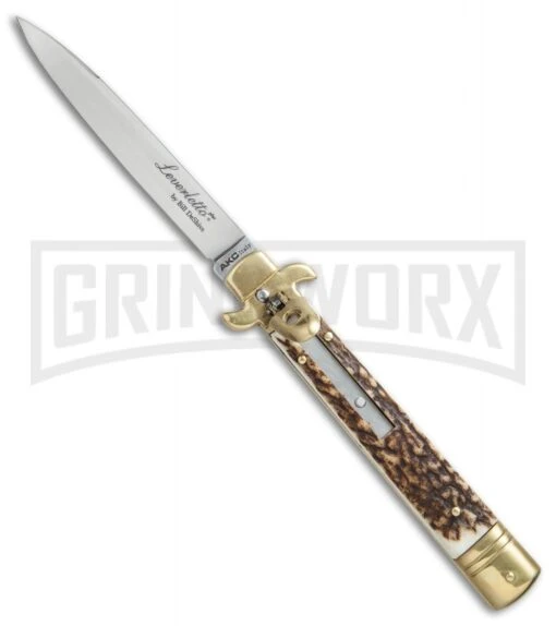 AKC 9" Leverletto Stag Horn Brass Automatic Knife - Flat Grind -AKC Knife Shop AKC leverletto stag horn brass flat BP 18946 er large