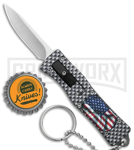 American Flag Mini Dog Tag Gray Carbon Fiber D/A OTF Auto Knife -Satin Plain -AKC Knife Shop American Flag Mini Dog Tag CF DA Auto Satin BHQ 175038 jr bottlecap large