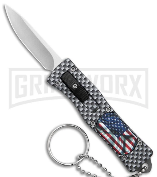 American Flag Mini Dog Tag Gray Carbon Fiber D/A OTF Auto Knife -Satin Plain -AKC Knife Shop American Flag Mini Dog Tag CF DA Auto Satin BHQ 175038 jr large