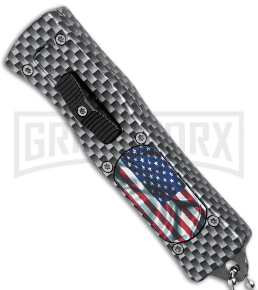 American Flag Mini Dog Tag Gray Carbon Fiber D/A OTF Auto Knife -Satin Plain -AKC Knife Shop American Flag Mini Dog Tag CF DA Auto Satin BHQ 175038 jr spine large