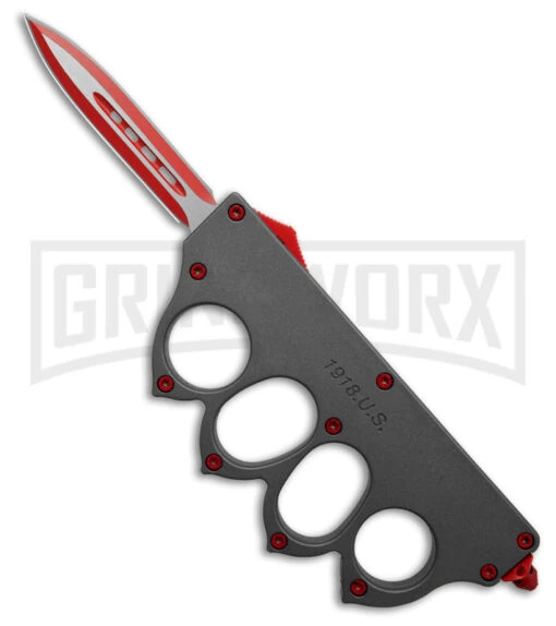 Atomic 1918 Gray OTF Automatic Knuckle Dagger Knife - Red Plain -AKC Knife Shop Atomic 1918 Gray OTF Automatic Knuckle Knife Dagger Red Satin GX 41589 td large