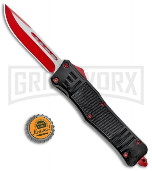 Atomic Defender Large OTF Automatic Knife Black - Red Two Tone Drop Point -AKC Knife Shop Atomic Defender DP Red Black OTF Auto Red GX 33631 jr bottlecap large