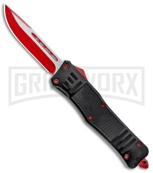 Atomic Defender Large OTF Automatic Knife Black - Red Two Tone Drop Point -AKC Knife Shop Atomic Defender DP Red Black OTF Auto Red GX 33631 jr large