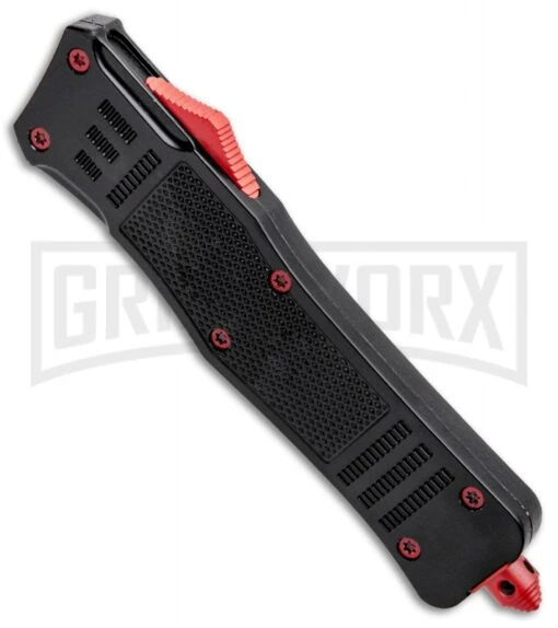 Atomic Defender Large OTF Automatic Knife Black - Red Two Tone Drop Point -AKC Knife Shop Atomic Defender DP Red Black OTF Auto Red GX 33631 jr spine large