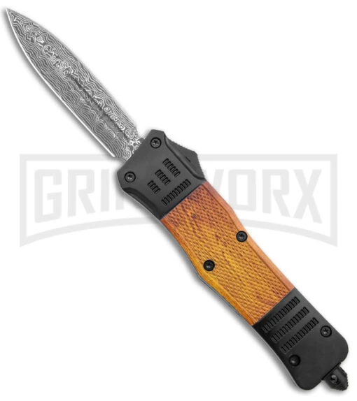 Atomic Defender Large Black/Sim Wood OTF Auto Knife - Dagger Damascus Plain -AKC Knife Shop Atomic Defender Large Black Sim Wood OTF Auto Dagger Damascus Plain GX 39064 jr large