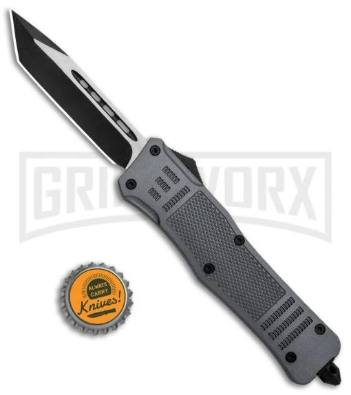 Atomic Defender Large OTF Automatic Knife Gray - Two Tone Tanto -AKC Knife Shop Atomic Defender Large OTF Auto Black TT Tanto GX 35865 jr bottlecap large