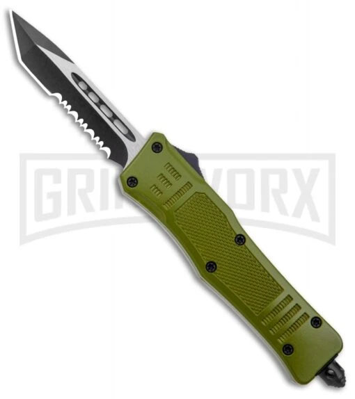 Atomic Defender Mini OTF Automatic Knife Army Green - Two Tone Serr Tanto -AKC Knife Shop Atomic Defender Mini OTF Auto Army Green TT Tanto Serr GX 37551 jr large