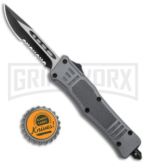 Atomic Defender Mini OTF Automatic Knife Gray - Two Tone Drop Point Serr -AKC Knife Shop Atomic Defender Mini OTF Auto Gray TT DP Serr GX 37470 jr bottlecap large