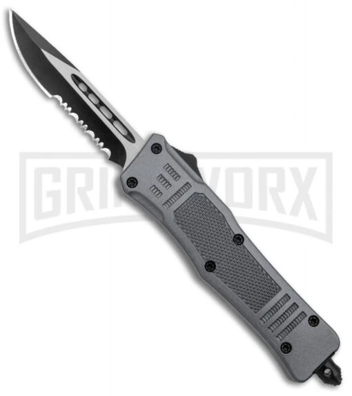 Atomic Defender Mini OTF Automatic Knife Gray - Two Tone Drop Point Serr -AKC Knife Shop Atomic Defender Mini OTF Auto Gray TT DP Serr GX 37470 jr large