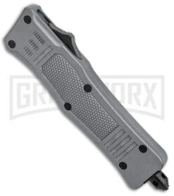 Atomic Defender Mini OTF Automatic Knife Gray - Two Tone Drop Point Serr -AKC Knife Shop Atomic Defender Mini OTF Auto Gray TT DP Serr GX 37470 jr spine large