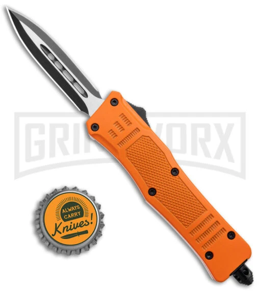 Atomic Defender Mini OTF Automatic Knife Orange - Two Tone Dagger -AKC Knife Shop Atomic Defender Mini OTF Auto Orange TT Dagger BHQ 141104 jr bottlecap large