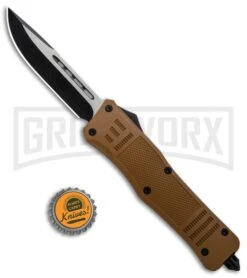 Atomic Defender Large OTF Automatic Knife Sand Brown - Two Tone Drop Point -AKC Knife Shop Atomic Defender Sand Brown OTF Auto TT Plain GX 33729 jr bottlecap large