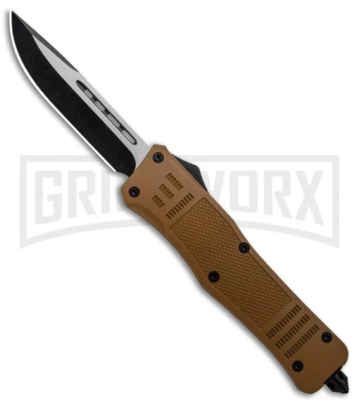 Atomic Defender Large OTF Automatic Knife Sand Brown - Two Tone Drop Point -AKC Knife Shop Atomic Defender Sand Brown OTF Auto TT Plain GX 33729 jr large