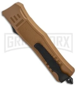 Atomic Defender Large OTF Automatic Knife Sand Brown - Two Tone Drop Point -AKC Knife Shop Atomic Defender Sand Brown OTF Auto TT Plain GX 33729 jr side large