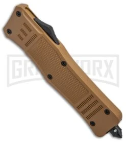 Atomic Defender Large OTF Automatic Knife Sand Brown - Two Tone Drop Point -AKC Knife Shop Atomic Defender Sand Brown OTF Auto TT Plain GX 33729 jr spine large