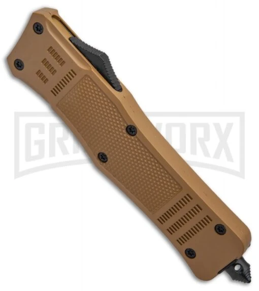 Atomic Defender Large OTF Automatic Knife Sand Brown - Two Tone Drop Point -AKC Knife Shop Atomic Defender Sand Brown OTF Auto TT Plain GX 33729 jr spine large