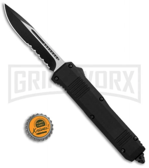 Atomic Shield Large Drop Point Black OTF Automatic Knife - Two Tone Serrated -AKC Knife Shop Atomic Shield Large DP Black OTF TT Serr GX 34162 jr bottlecap large