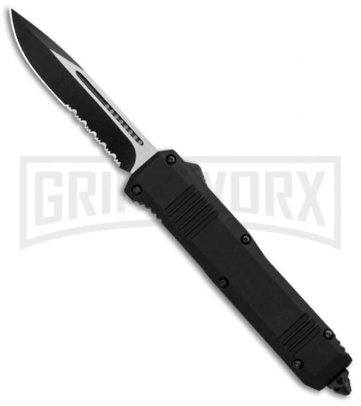 Atomic Shield Large Drop Point Black OTF Automatic Knife - Two Tone Serrated -AKC Knife Shop Atomic Shield Large DP Black OTF TT Serr GX 34162 jr large