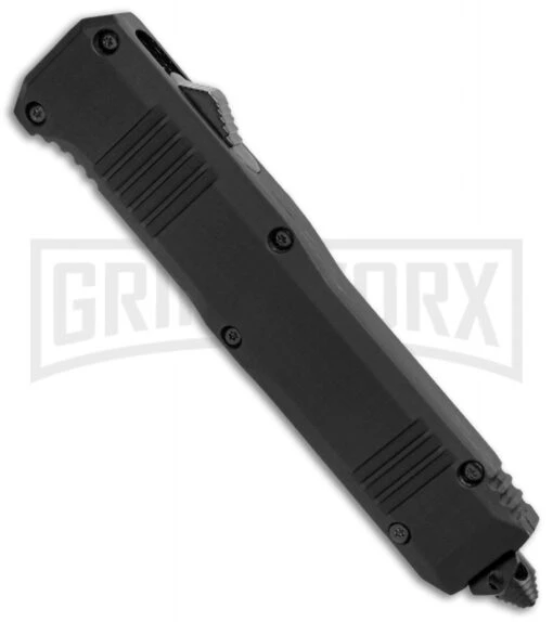 Atomic Shield Large Drop Point Black OTF Automatic Knife - Two Tone Serrated -AKC Knife Shop Atomic Shield Large DP Black OTF TT Serr GX 34162 jr spine large