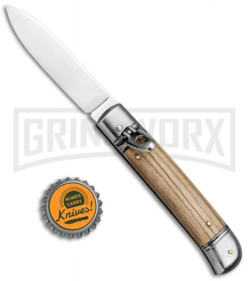 SKM 8" Italian Stiletto Lever Lock Olive Wood Automatic Knife - Polish Flat -AKC Knife Shop Beltrame LL Olive Wood Auto Satin BP 27021 jr bottlecap large