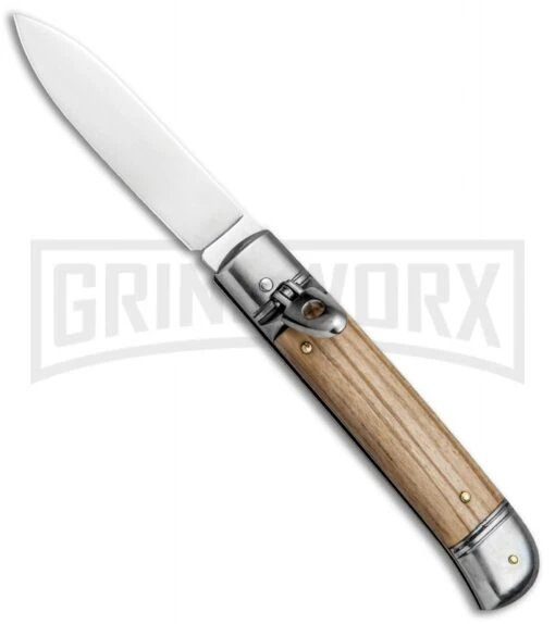 SKM 8" Italian Stiletto Lever Lock Olive Wood Automatic Knife - Polish Flat -AKC Knife Shop Beltrame LL Olive Wood Auto Satin BP 27021 jr large