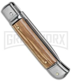 SKM 8" Italian Stiletto Lever Lock Olive Wood Automatic Knife - Polish Flat -AKC Knife Shop Beltrame LL Olive Wood Auto Satin BP 27021 jr side large