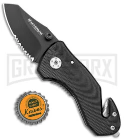 Boker Magnum Compact Rescue Black Liner Lock Knife - Black Serrated -AKC Knife Shop Boker Magnum Compact Rescue LL Black BHQ 40385 jr bottlecap large