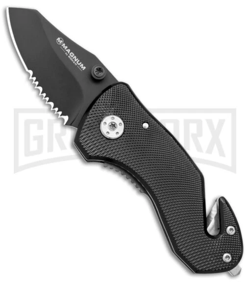 Boker Magnum Compact Rescue Black Liner Lock Knife - Black Serrated -AKC Knife Shop Boker Magnum Compact Rescue LL Black BHQ 40385 jr large