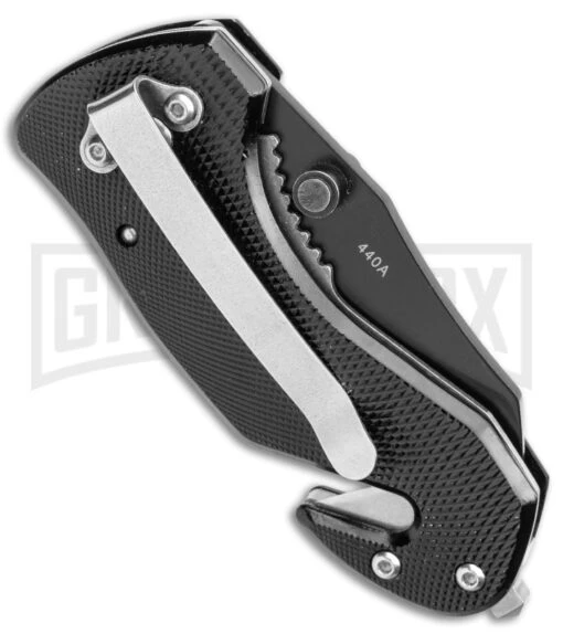 Boker Magnum Compact Rescue Black Liner Lock Knife - Black Serrated -AKC Knife Shop Boker Magnum Compact Rescue LL Black BHQ 40385 jr side large