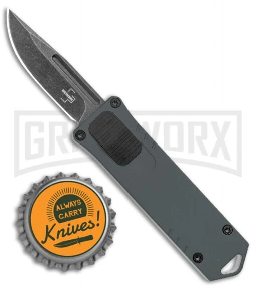 Boker Plus USB OTF Black Automatic Knife Aluminum - Gray SW Plain -AKC Knife Shop Boker Plus USB OTF Auto Gray Aluminum Black SW BHQ 125998 jr bottlecap large