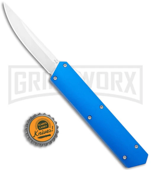 Boker USA Kwaiken OTF Automatic Knife Blue Aluminum (3.4" Satin) 06EX550 -AKC Knife Shop Boker USA Kwaiken OTF Auto Blue Aluminum SW 06EX550 BHQ 115742 jr bottlecap large