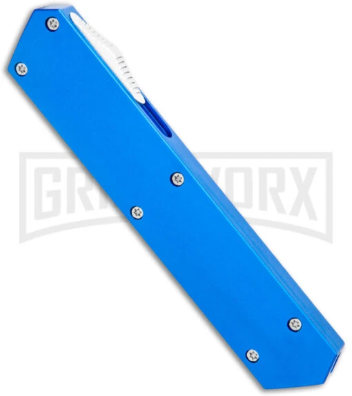 Boker USA Kwaiken OTF Automatic Knife Blue Aluminum (3.4" Satin) 06EX550 -AKC Knife Shop Boker USA Kwaiken OTF Auto Blue Aluminum SW 06EX550 BHQ 115742 jr spine large