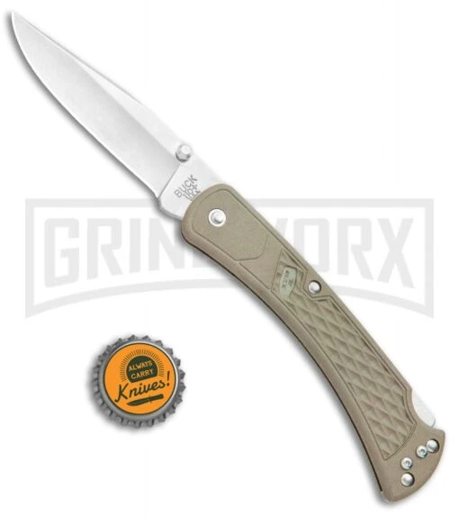 Buck Knives Buck 110 Slim Select Tan Lockback Knife - Satin Plain -AKC Knife Shop Buck 110 Slim Select LB Tan Satin 0110BRS2 B BHQ 106659 jr bottlecap large