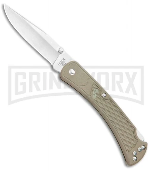 Buck Knives Buck 110 Slim Select Tan Lockback Knife - Satin Plain -AKC Knife Shop Buck 110 Slim Select LB Tan Satin 0110BRS2 B BHQ 106659 jr large