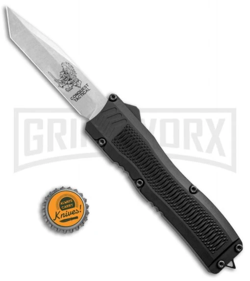 Conquest Tactical Fury Black D/A OTF Automatic Knife - Stonewash Plain -AKC Knife Shop Conquest Tactical Fury DA OTF Black SW BHQ 30663 jr bottlecap large