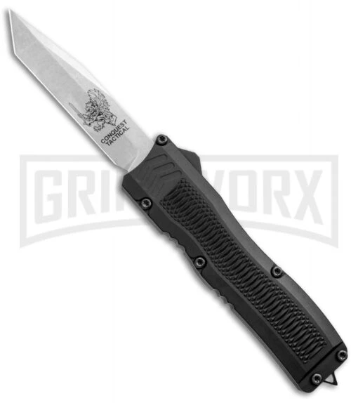 Conquest Tactical Fury Black D/A OTF Automatic Knife - Stonewash Plain -AKC Knife Shop Conquest Tactical Fury DA OTF Black SW BHQ 30663 jr large